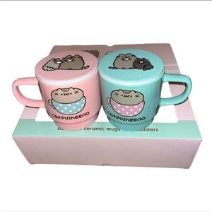 NWT! Pusheen the Cat Stackable Ceramic Mugs with Coasters/Lids